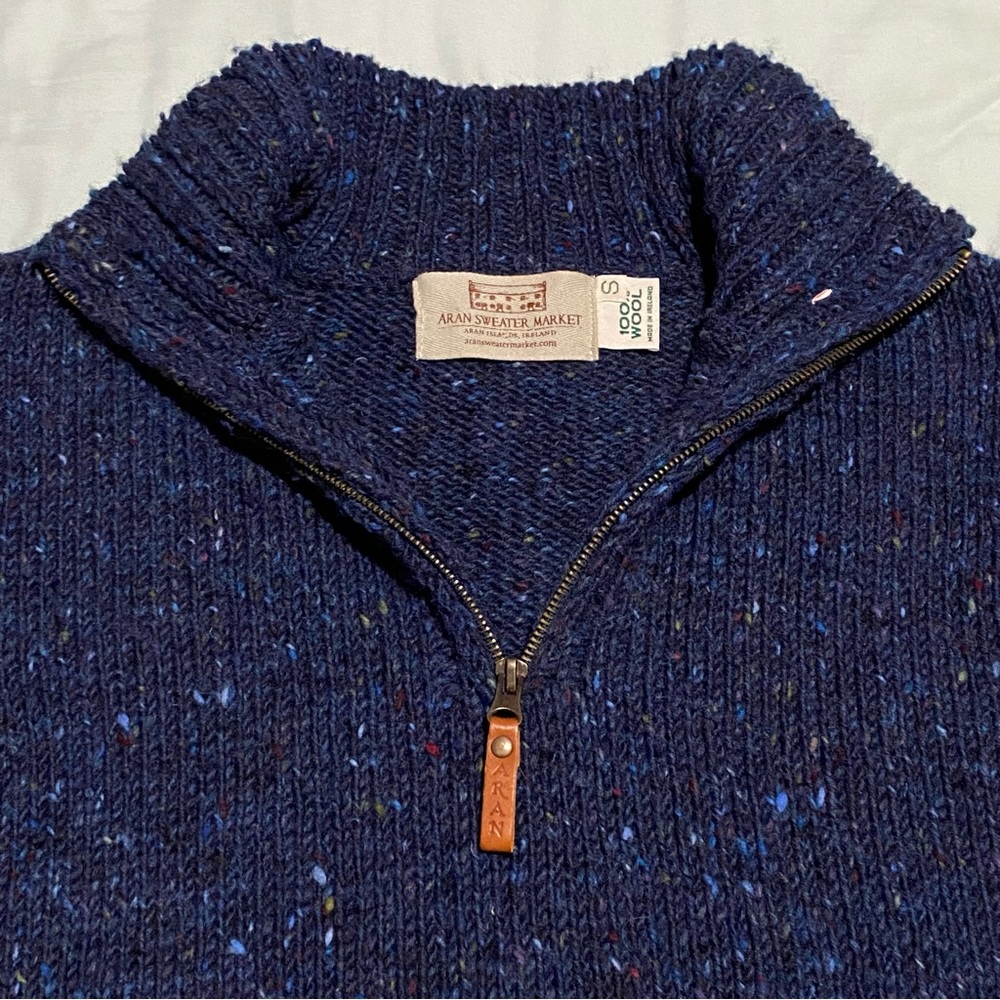 Aran Sweater Market Pullover Sweater Size S Speckled Navy Blue 100% Wool 38x28
